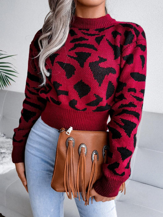 Leopard Round Neck Dropped Shoulder Sweater - Trendy by Luna