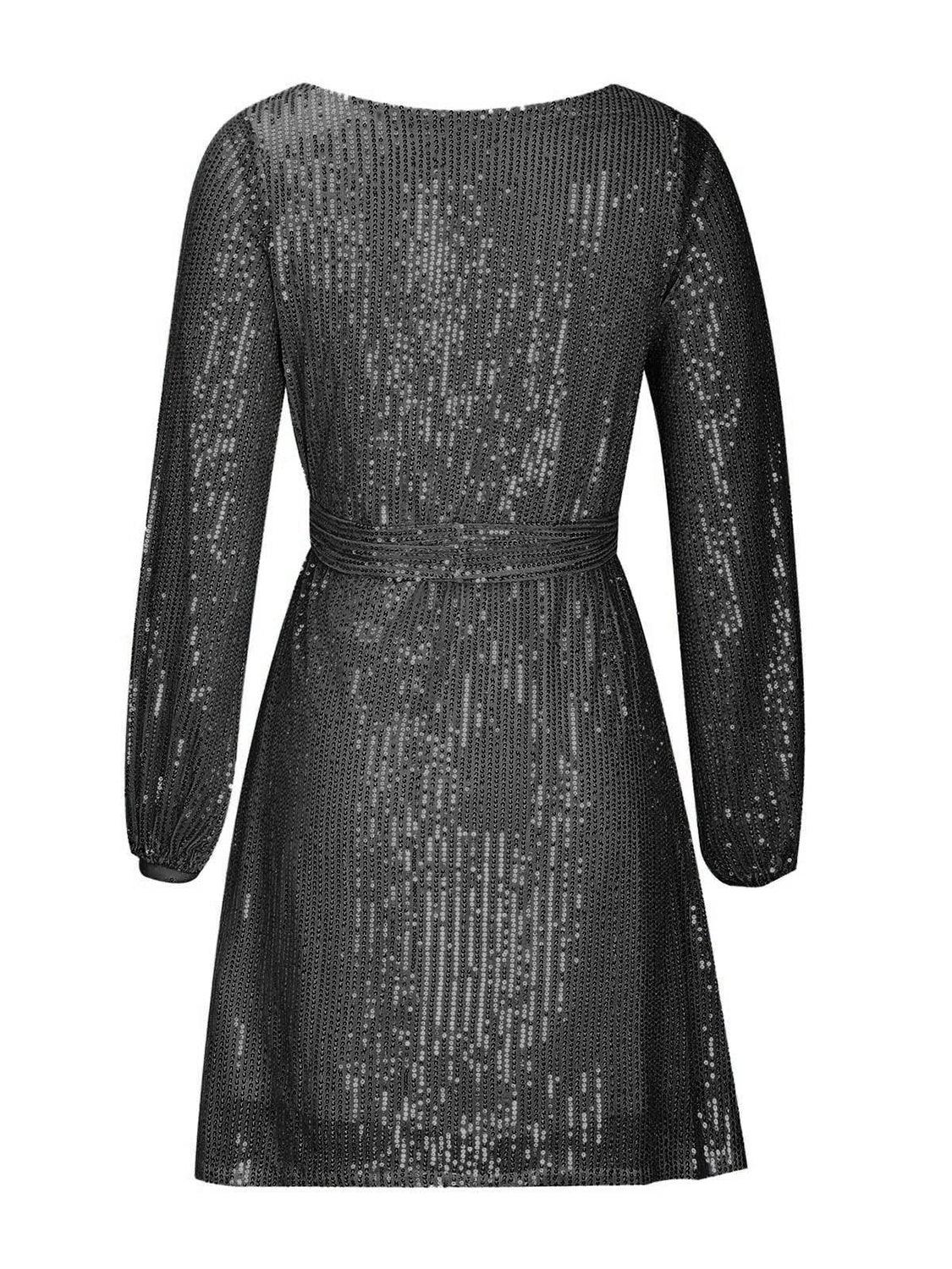 Sequin Tie Waist Long Sleeve Mini Dress - Trendy by Luna