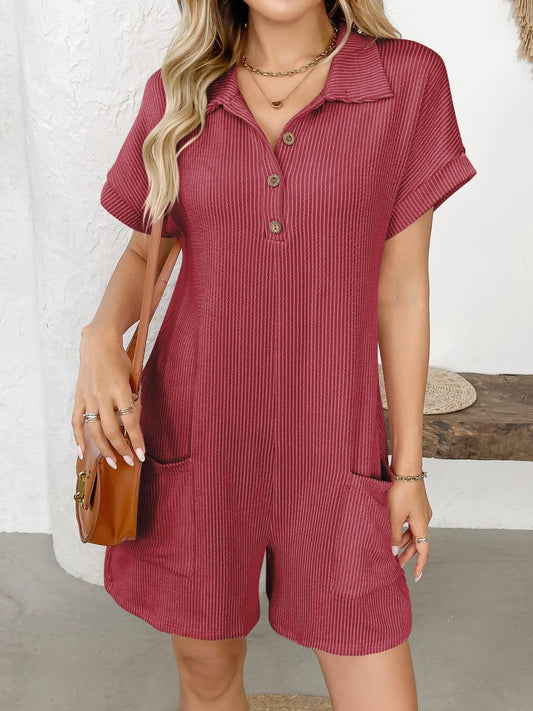 Button Detail Collared Neck Short Sleeve Romper - Trendy by Luna