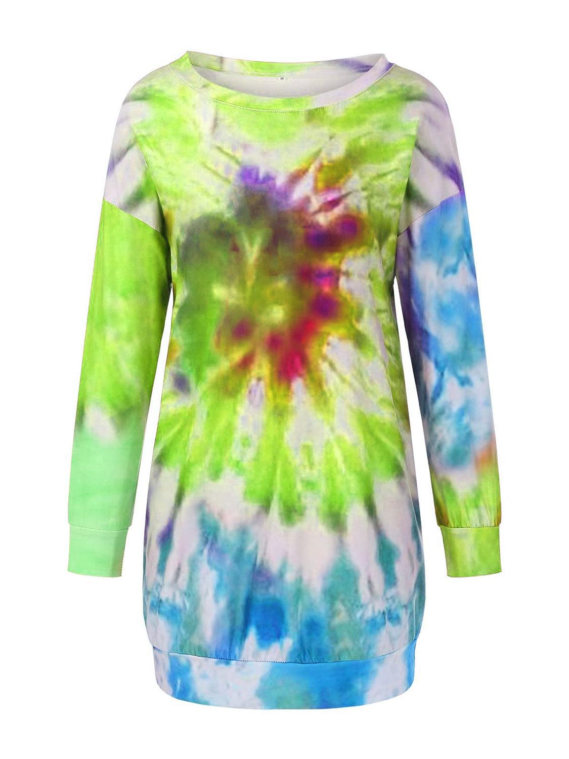 Full Size Tie-Dye Round Neck Long Sleeve Dress - Trendy by Luna