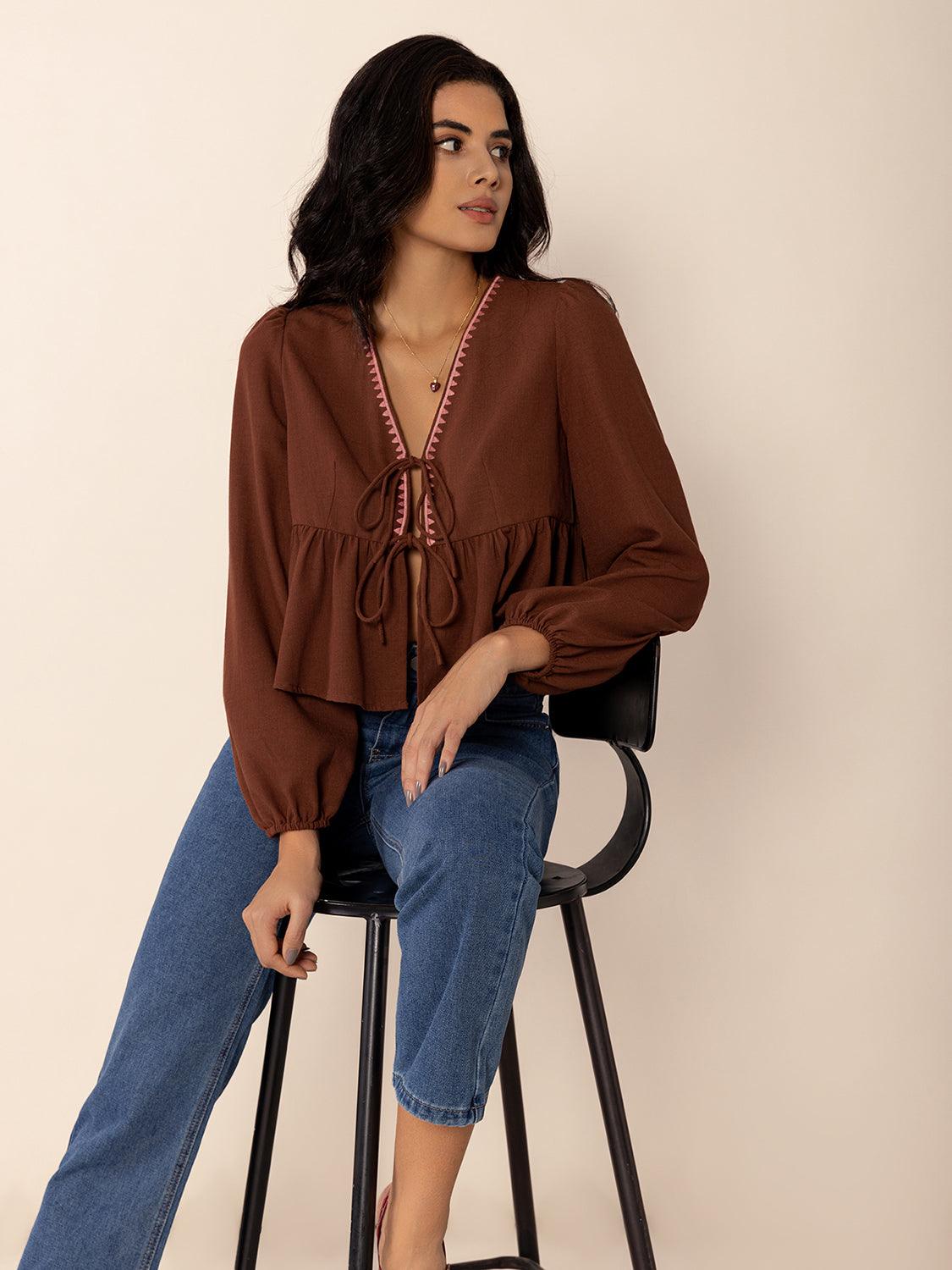 Peplum Tied V-Neck Long Sleeve Blouse - Trendy by Luna