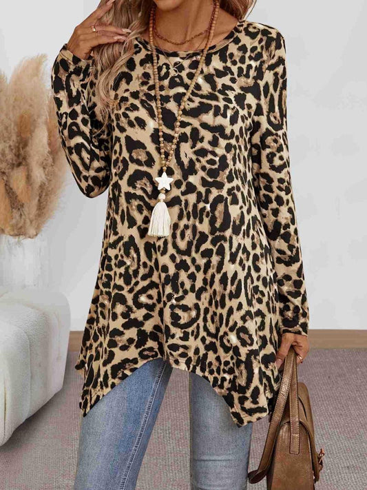 Leopard Round Neck Long Sleeve T-Shirt - Trendy by Luna