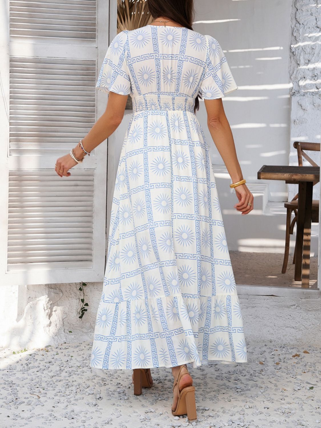 Smocked Printed V-Neck Short Sleeve Maxi Dress - Trendy by Luna