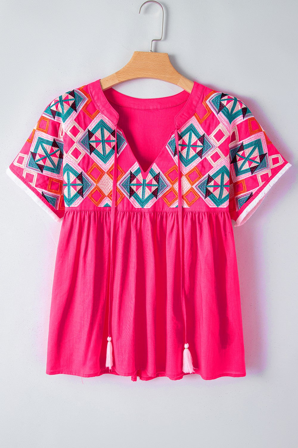 Geometric Embroidered Tassel Tie Neck Blouse - Trendy by Luna