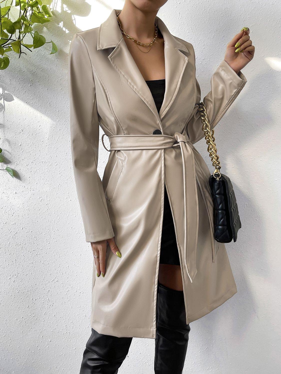 Tied PU Leather Long Sleeve Trench Coat - Trendy by Luna