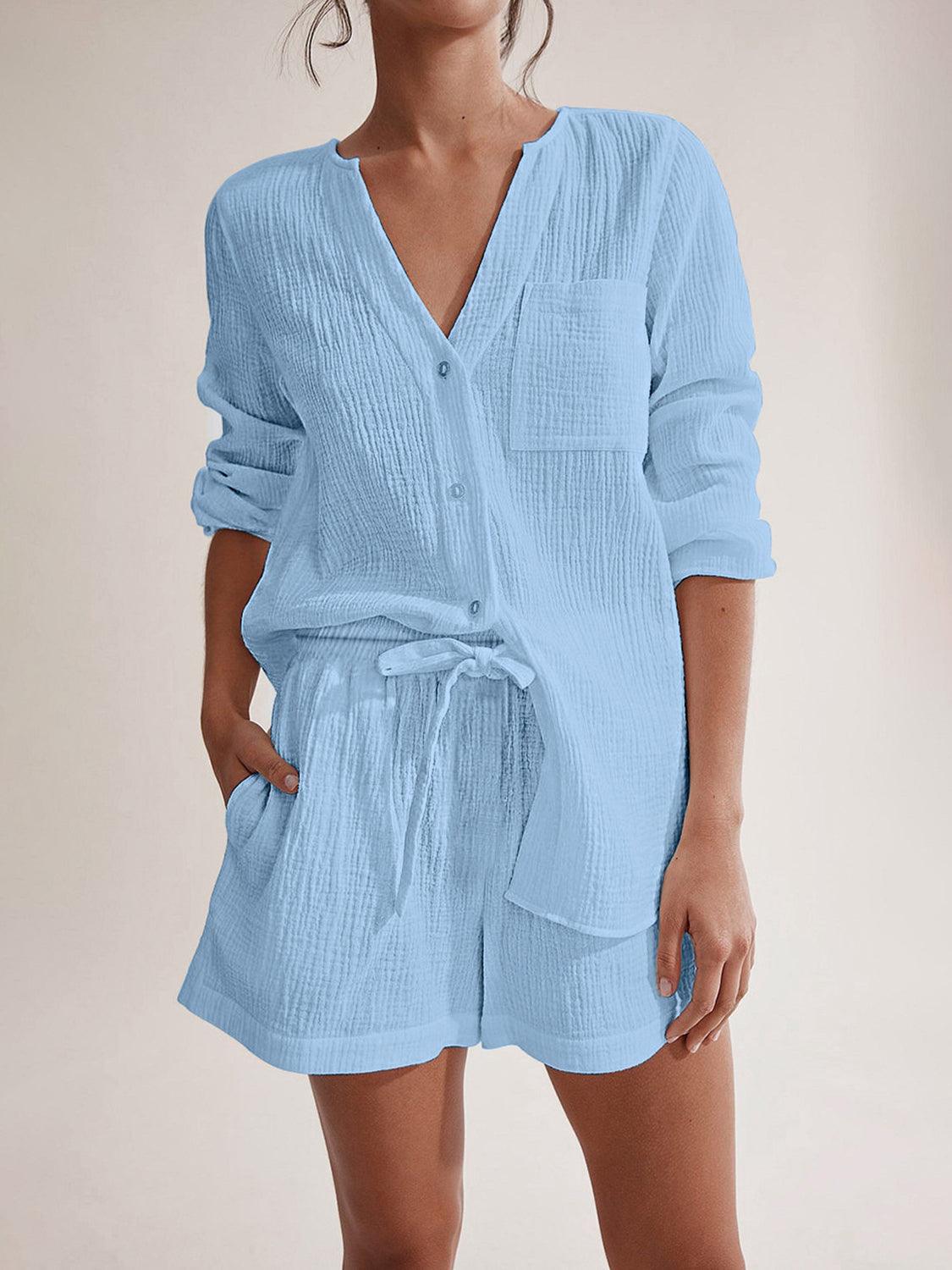 Notched Long Sleeve Top and Shorts Set - Trendy by Luna