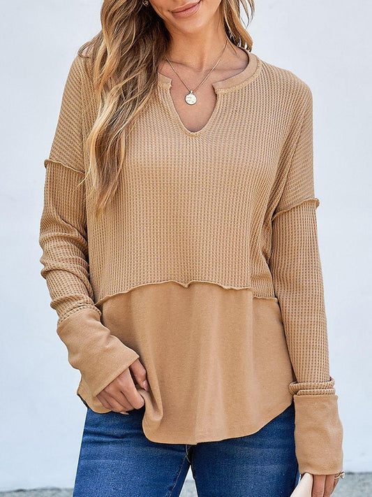 Waffle-Knit Notched Long Sleeve T-Shirt - Trendy by Luna