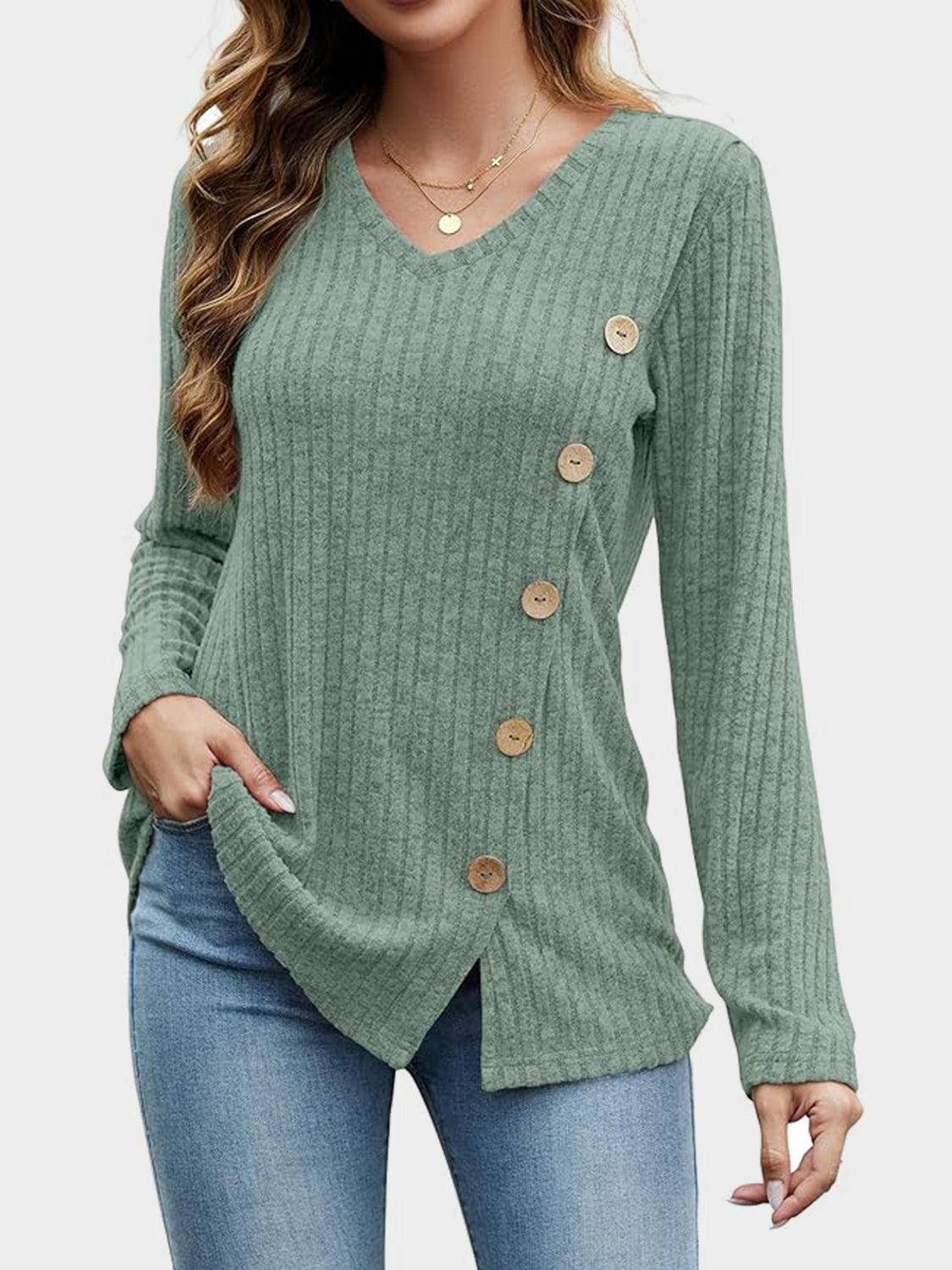 V-Neck Long Sleeve T-Shirt - Trendy by Luna