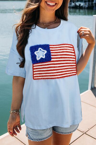 US Flag Round Neck Short Sleeve T-Shirt - Trendy by Luna