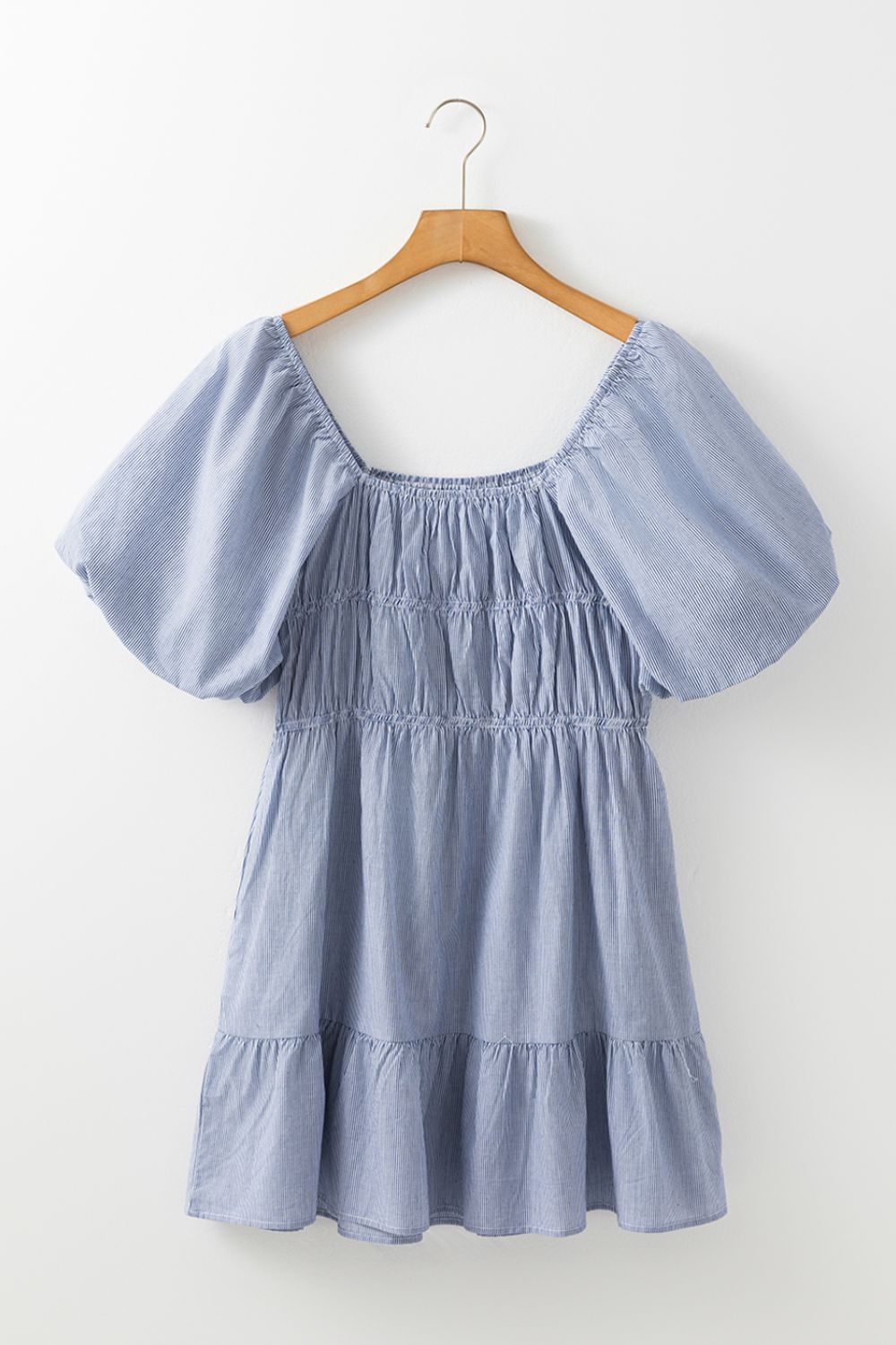 Striped Bubble Sleeve Ruched Babydoll Dress - Trendy by Luna