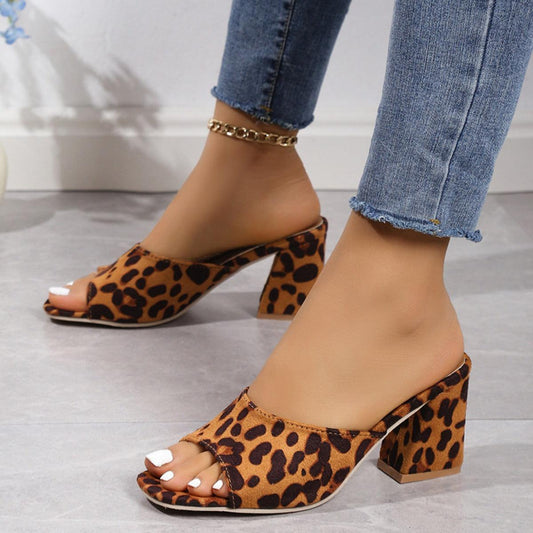 Leopard Block Heel Suede Sandals - Trendy by Luna