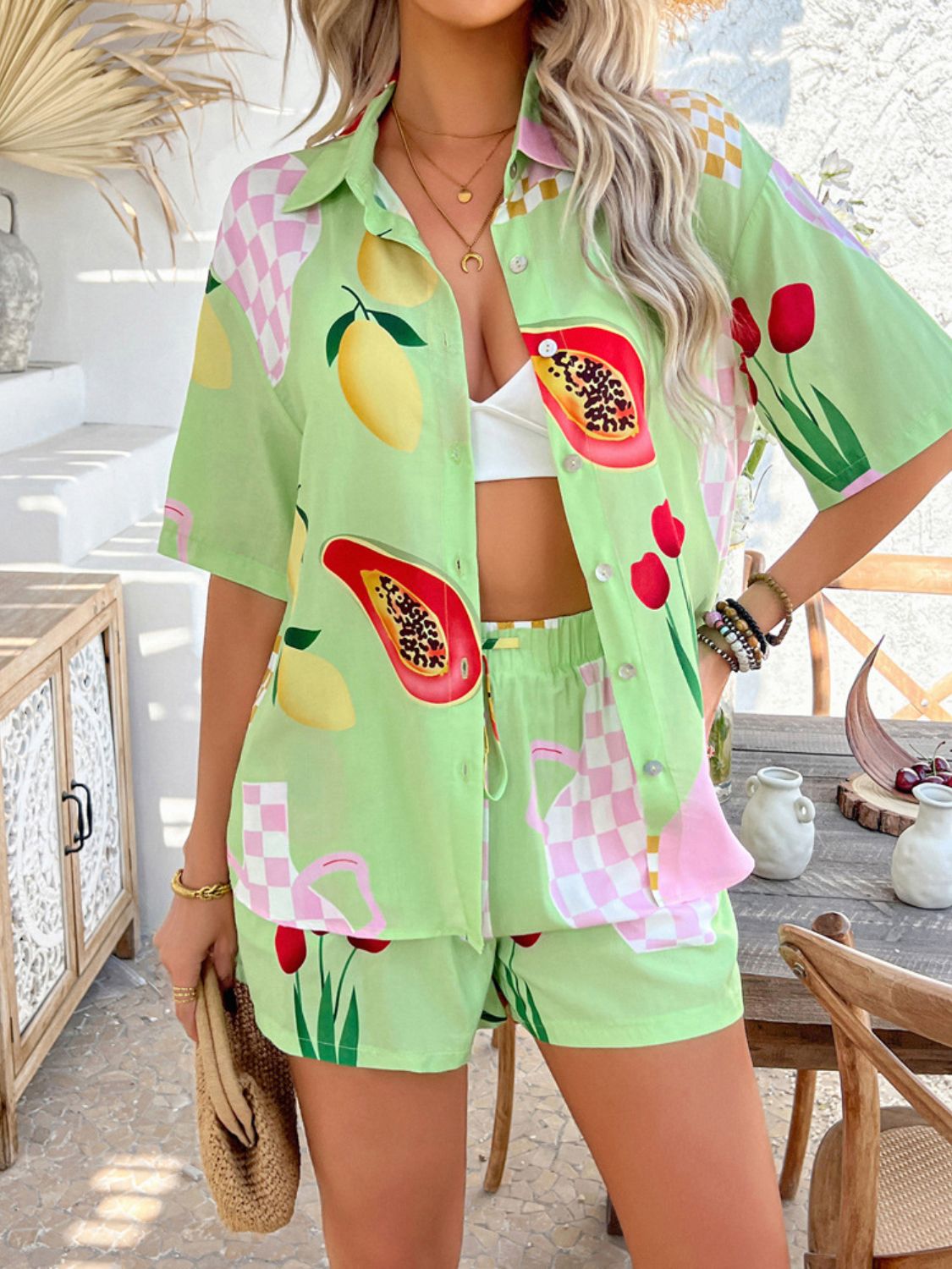 Printed Button Down Shirt and Shorts Set - Trendy by Luna