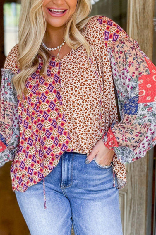 Printed Tie Neck Long Sleeve Blouse - Trendy by Luna