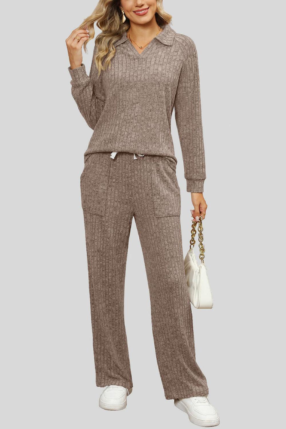 Ribbed Long Sleeve Top and Pocketed Pants Set - Trendy by Luna