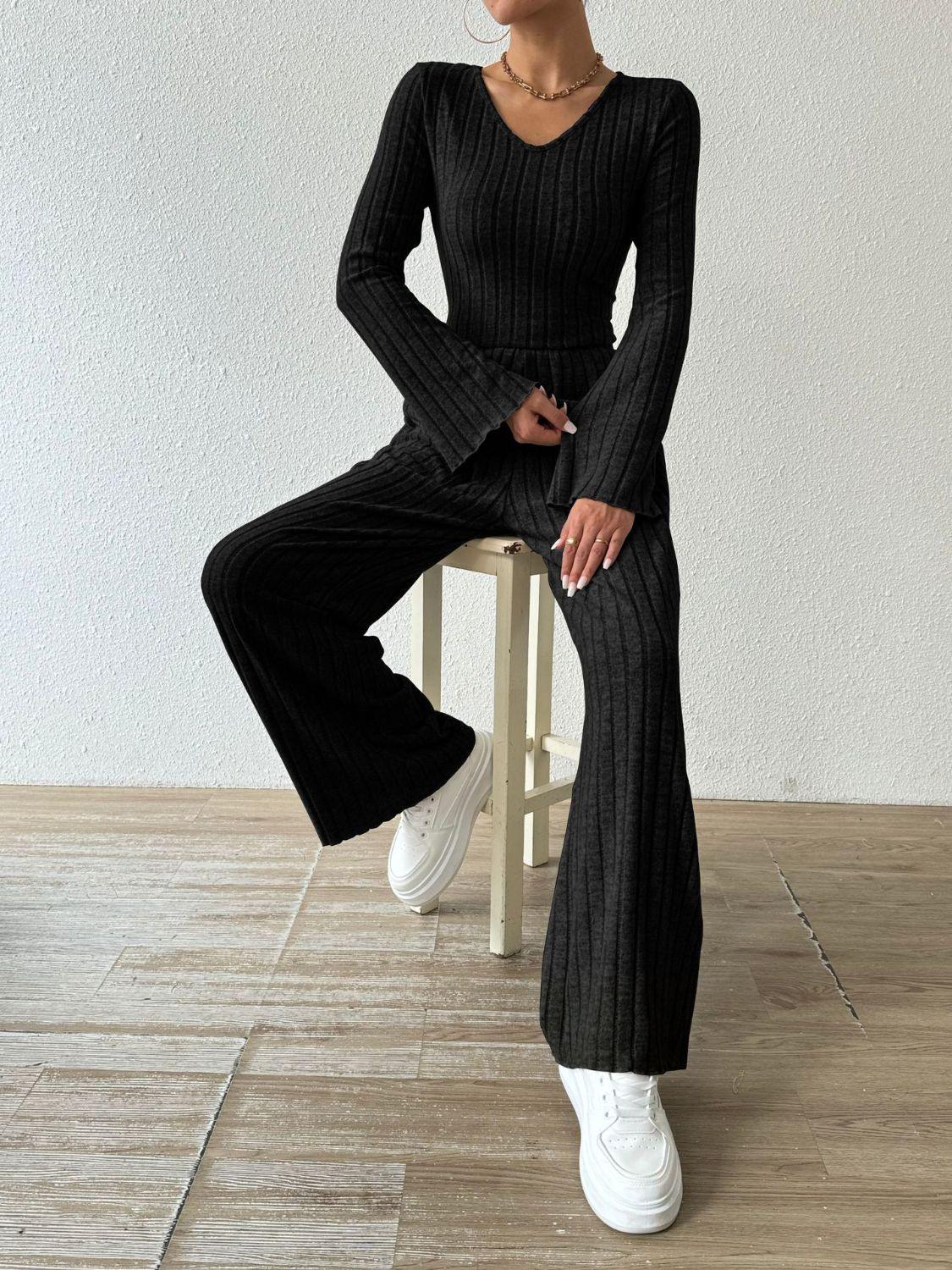 Ribbed V-Neck Long Sleeve Top and Pocketed Pants Set - Trendy by Luna