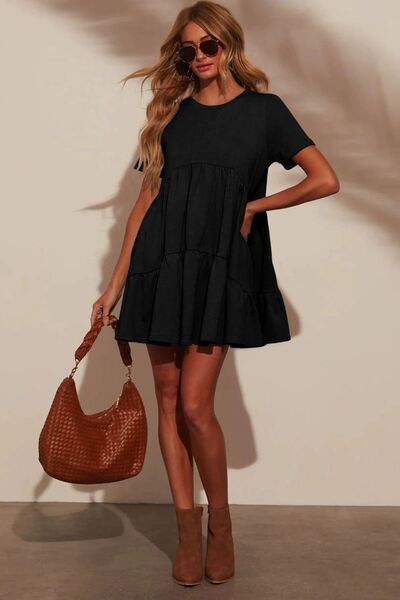 Tiered Round Neck Short Sleeve Mini Dress - Trendy by Luna