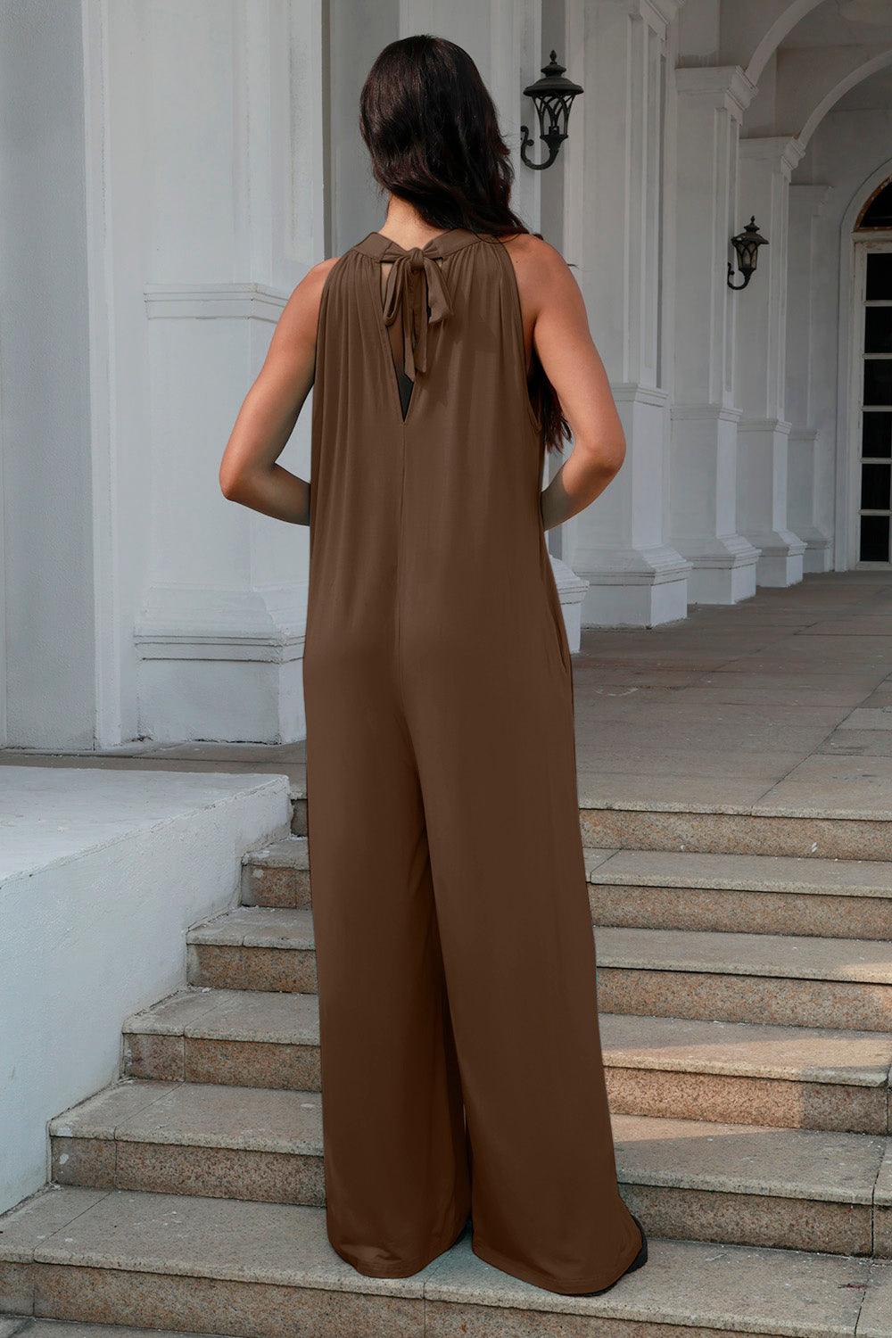 Double Take Full Size Tie Back Cutout Sleeveless Jumpsuit - Trendy by Luna