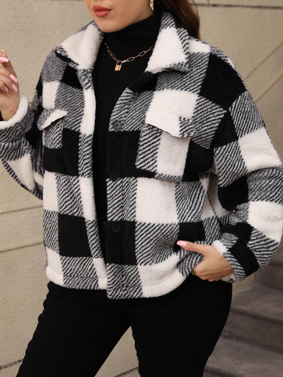 Plus Size Pocketed Plaid Collared Neck Jacket - Trendy by Luna