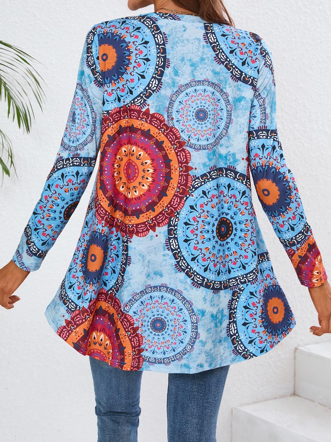 Geometric Printed V-Neck Long Sleeve T-Shirt - Trendy by Luna