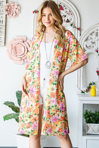 Full Size Half Sleeve Multi Color Floral Open Cardigan - Trendy by Luna