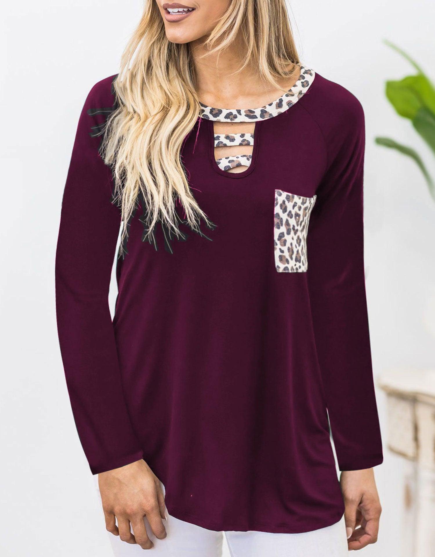 Cutout Leopard Round Neck Long Sleeve T-Shirt - Trendy by Luna