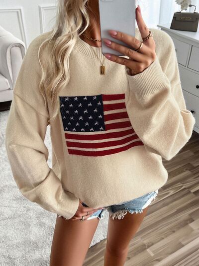 Devine US Flag Round Neck Long Sleeve Knit Top - Trendy by Luna