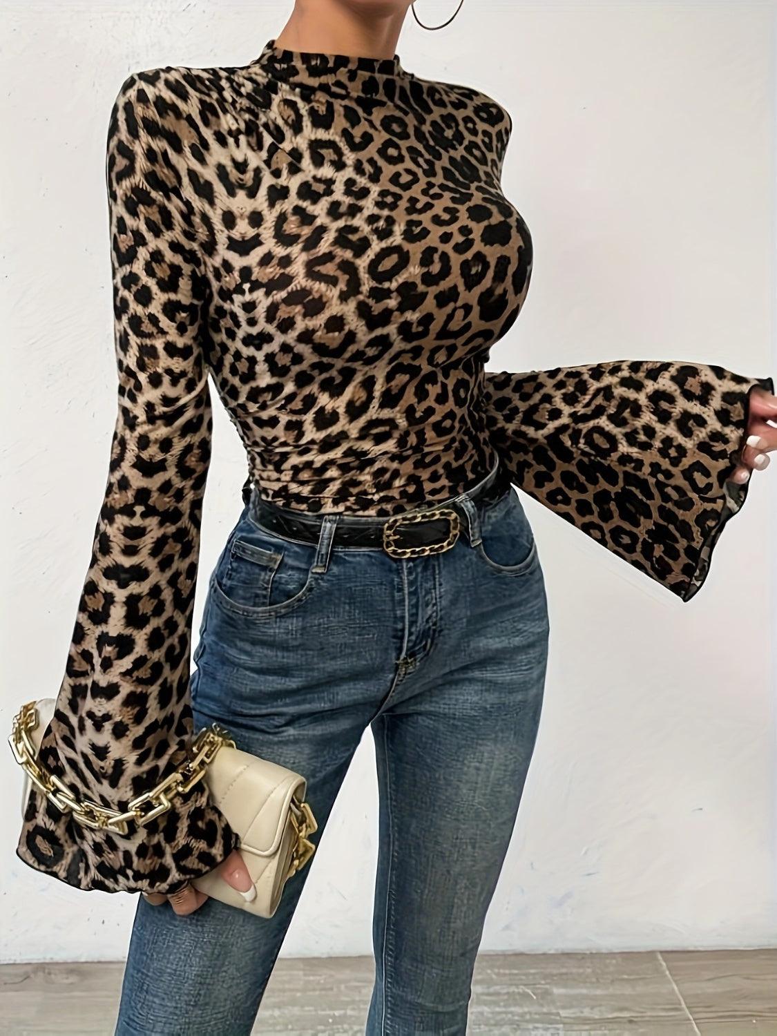 Leopard Mock Neck Flare Sleeve Top - Trendy by Luna