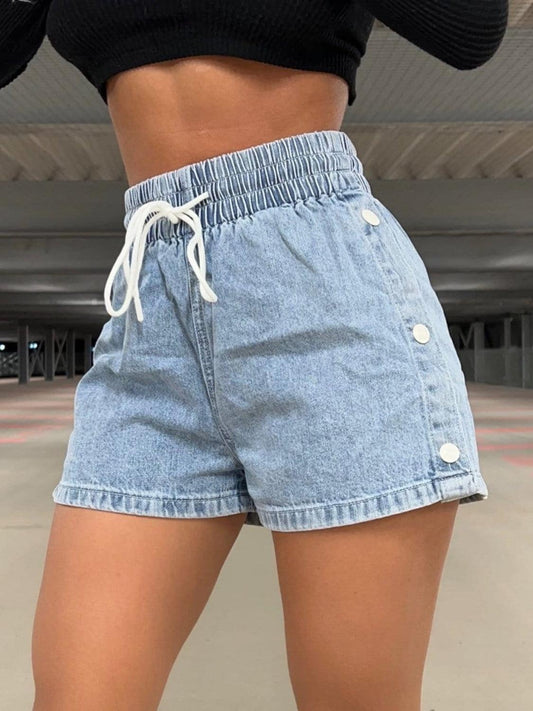 Drawstring High Waist Denim Shorts - Trendy by Luna