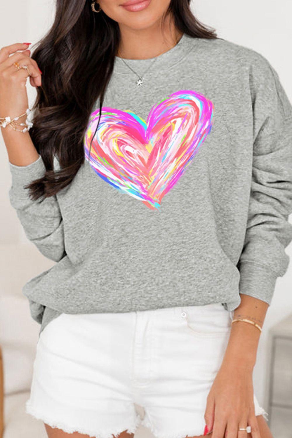 Valentine’s Day Heart Round Neck Drop Shoulder Sweatshirt - Trendy by Luna