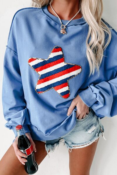 Exposed Seam Star Long Sleeve Sweatshirt - Trendy by Luna