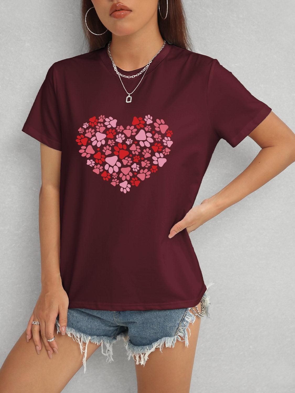 Heart Round Neck Short Sleeve T-Shirt - Trendy by Luna