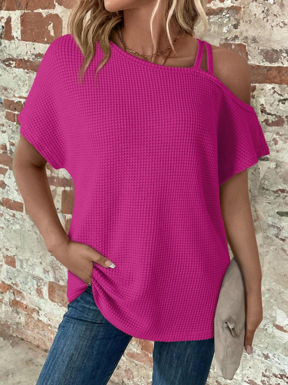 Asymmetrical Neck Short Sleeve T-Shirt - Trendy by Luna