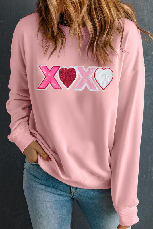 Valentine’s Day XOXO Round Neck Long Sleeve Sweatshirt - Trendy by Luna