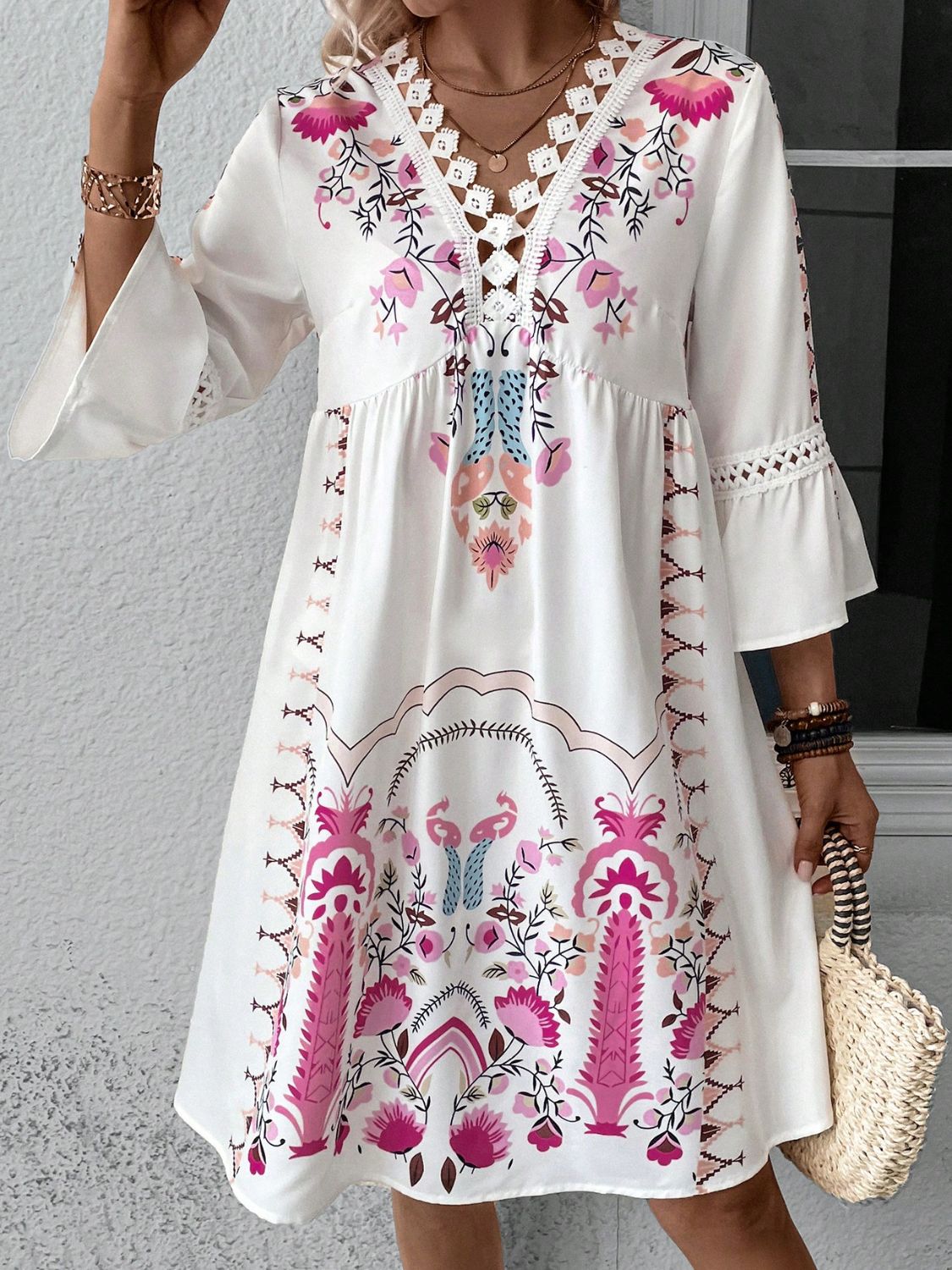 Lace Detail Printed Three-Quarter Sleeve Dress - Trendy by Luna