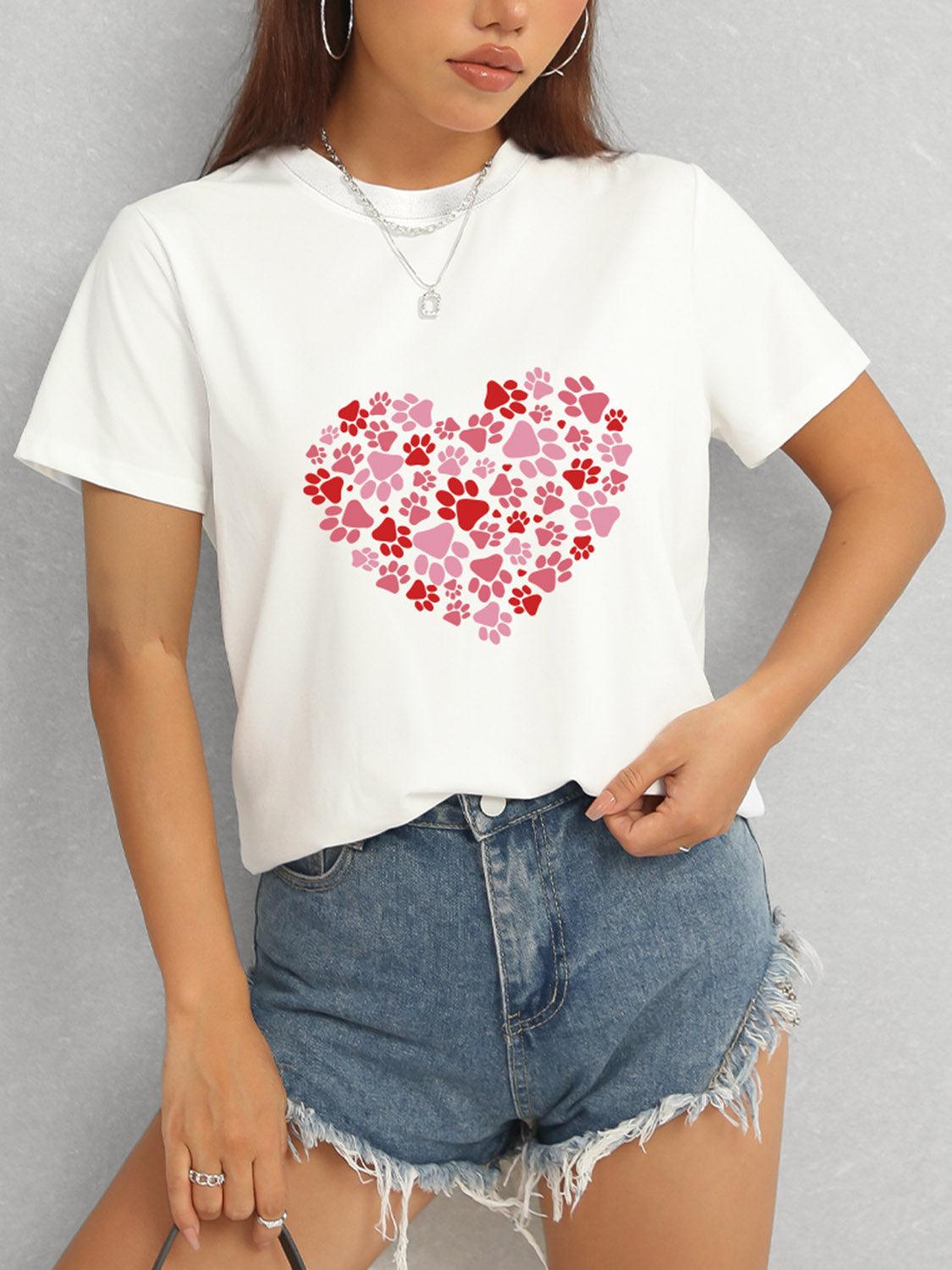 Heart Round Neck Short Sleeve T-Shirt - Trendy by Luna