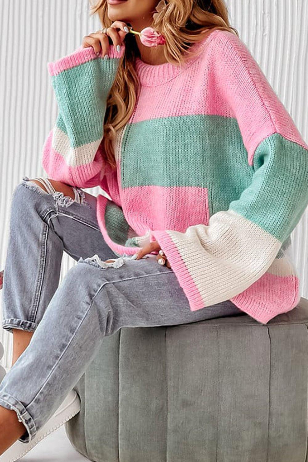 Color Block Round Neck Drop Shoulder Sweater - Trendy by Luna