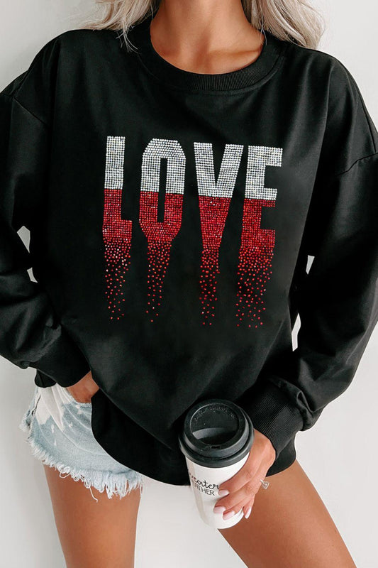 Rhinestone LOVE Round Neck Long Sleeve Sweatshirt - Trendy by Luna