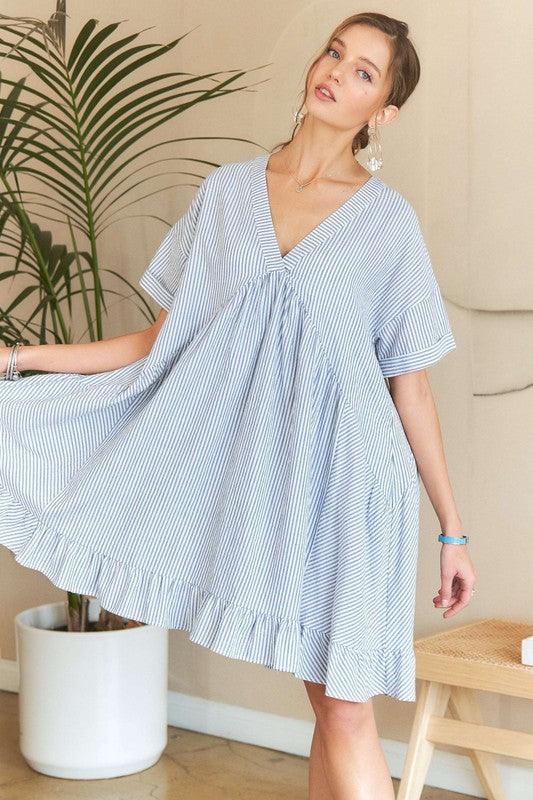 ADORA Ruffled Hem Striped V-Neck Babydoll Dress - Trendy by Luna