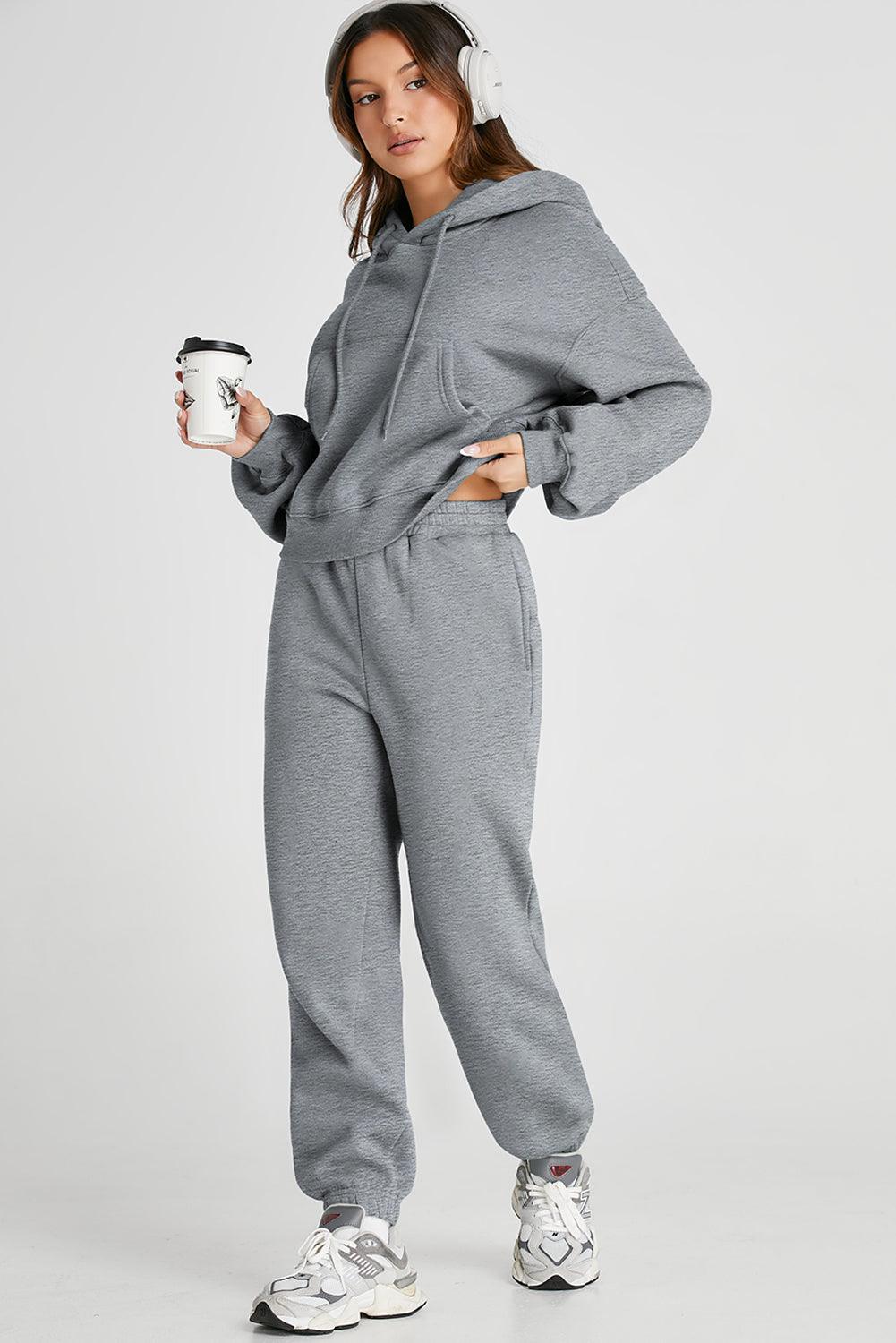 Dropped Shoulder Hooded Top and Pants Active Set - Trendy by Luna