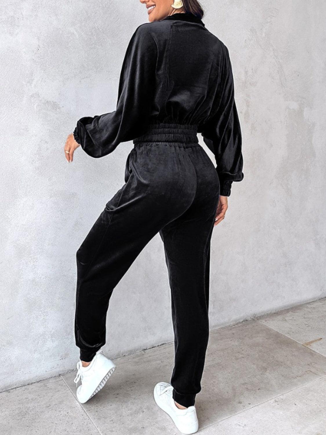 Zip Up Long Sleeve Cropped Top and Joggers Set - Trendy by Luna