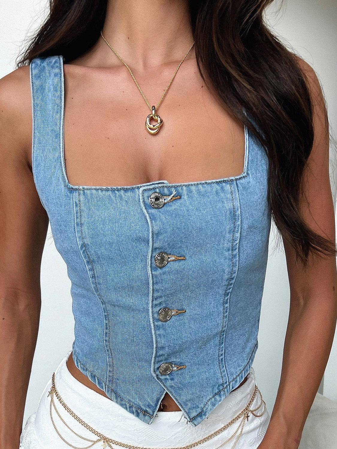 Smocked Square Neck Denim Top - Trendy by Luna