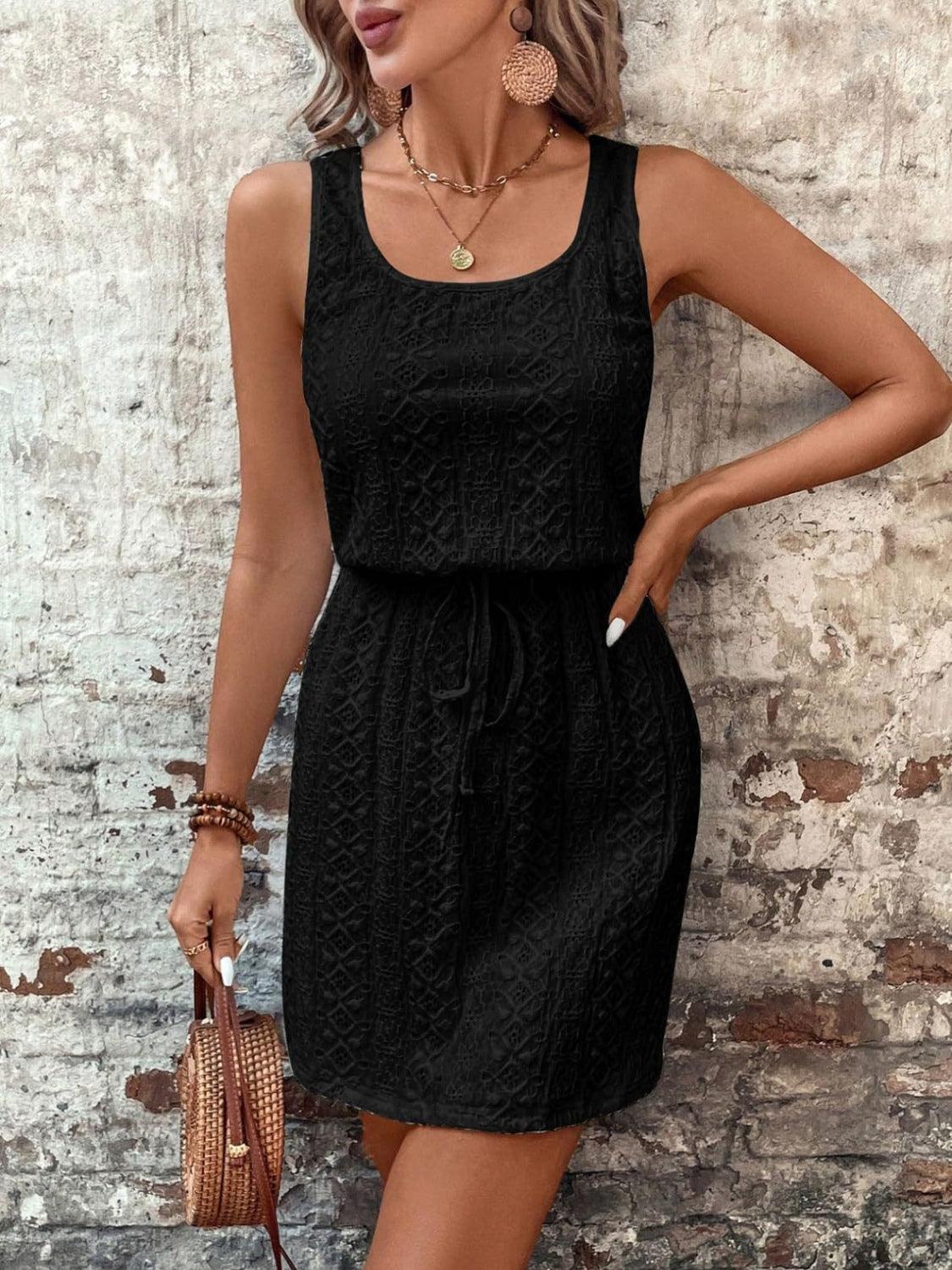 Eyelet Drawstring Round Neck Sleeveless Dress - Trendy by Luna