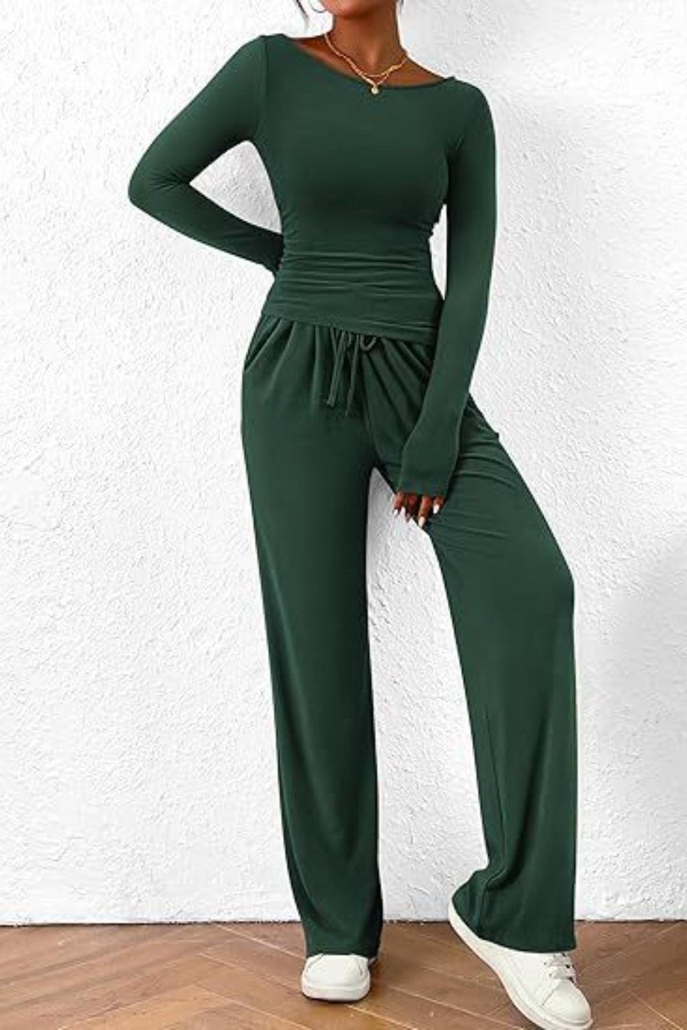 Round Neck Long Sleeve Top and Pants Set - Trendy by Luna