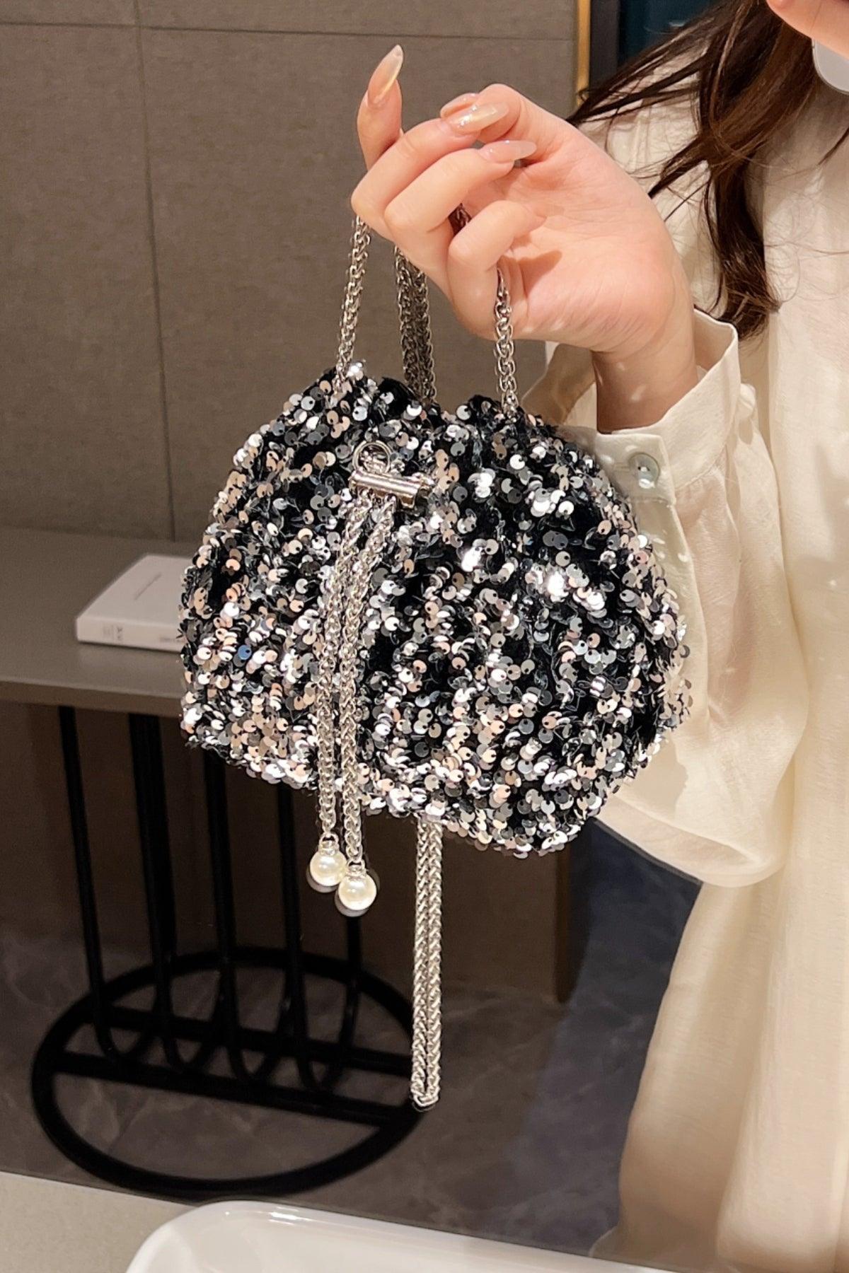 Sequin Chain Drawstring Bucket Bag - Trendy by Luna