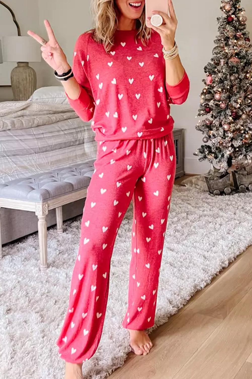 Heart Round Neck Top and Pants Set - Trendy by Luna