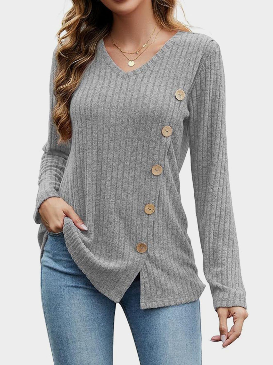 V-Neck Long Sleeve T-Shirt - Trendy by Luna