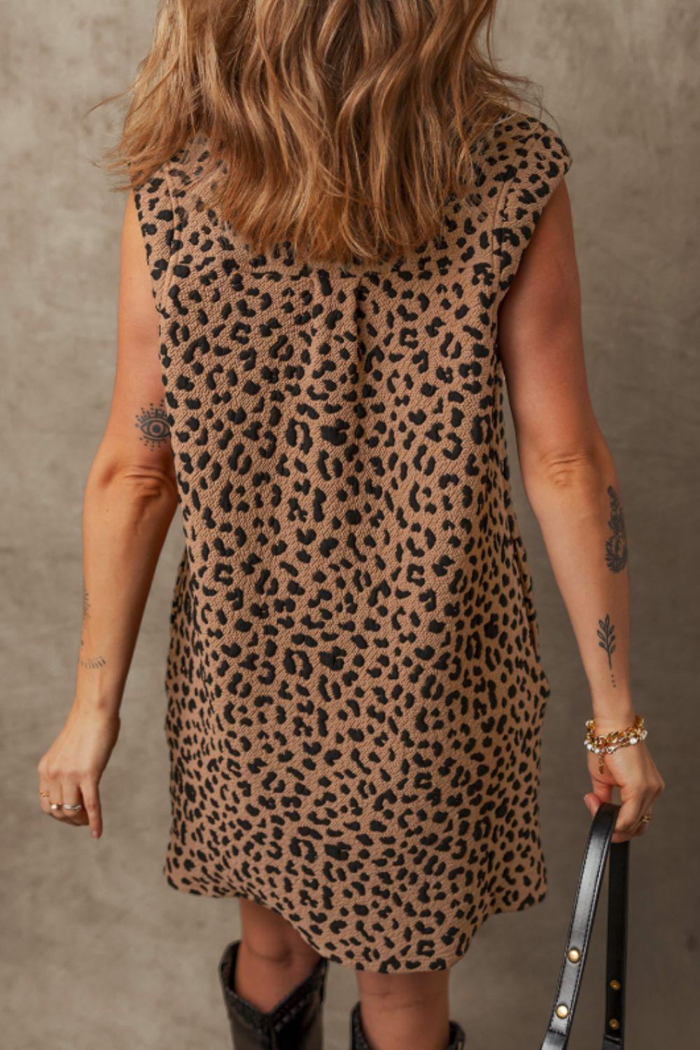 Leopard Johnny Collar Sleeveless Mini Dress - Trendy by Luna