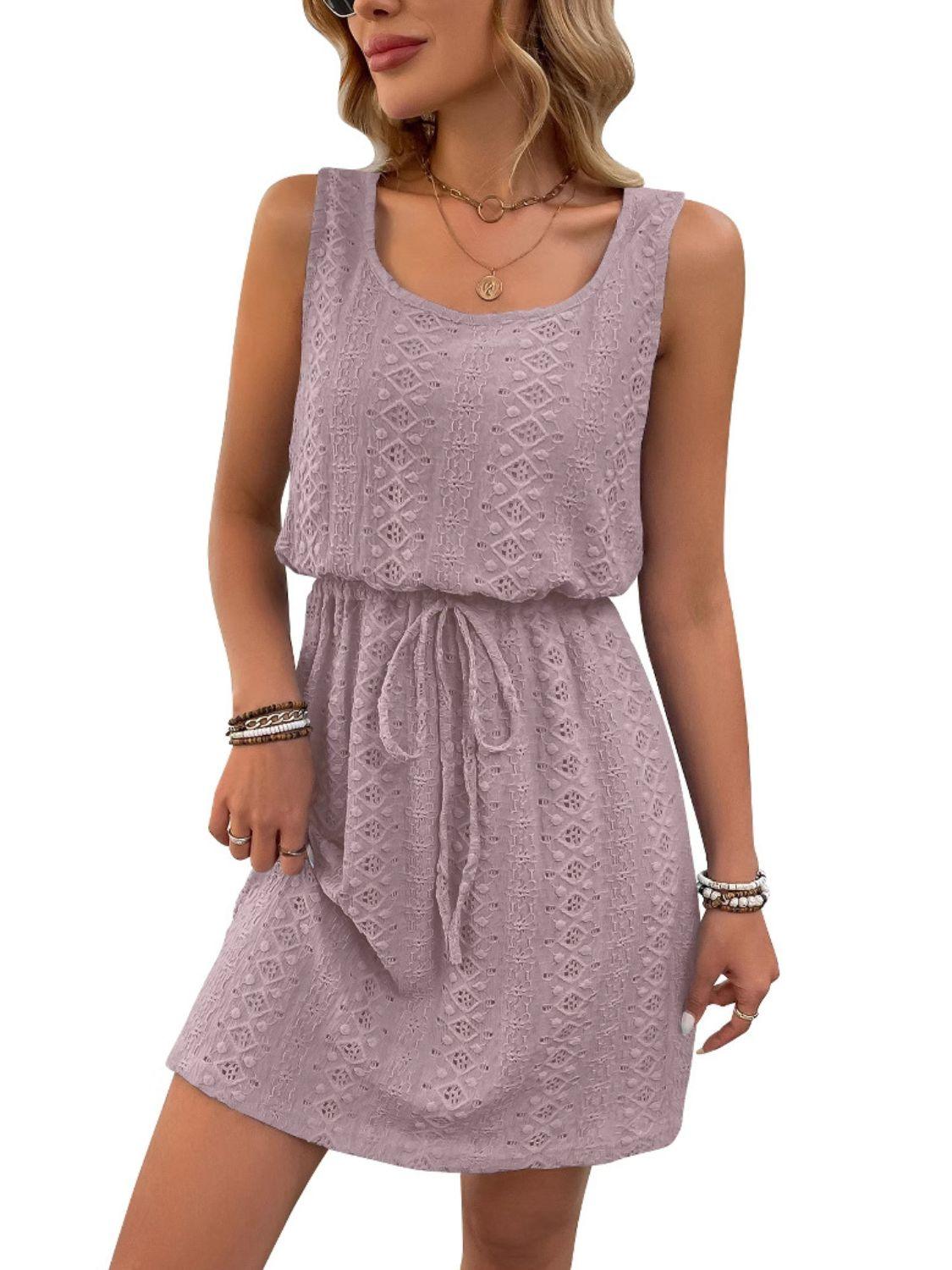 Eyelet Drawstring Round Neck Sleeveless Dress - Trendy by Luna