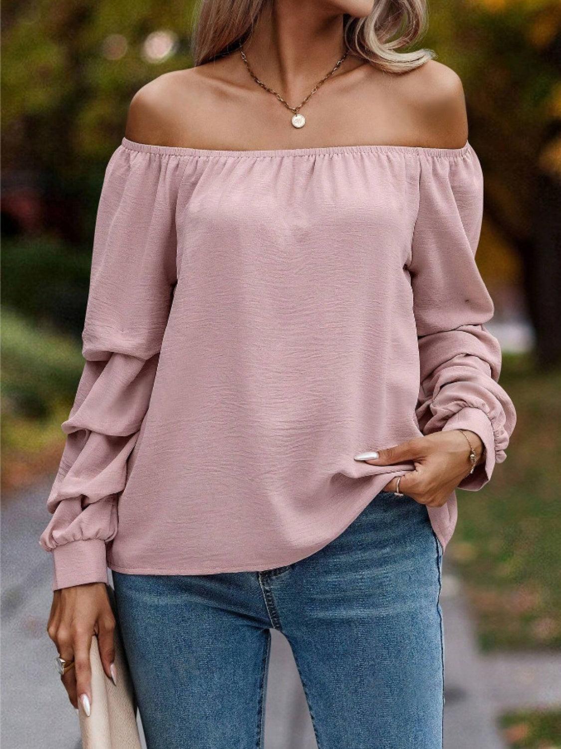 Ruched Off-Shoulder Long Sleeve Blouse - Trendy by Luna