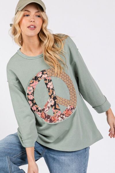 Floral Peace Patch Round Neck Top - Trendy by Luna